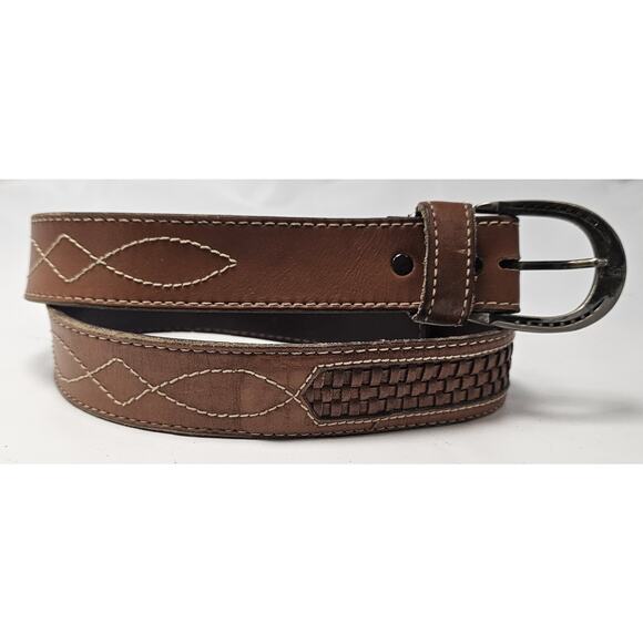 Vtg LEVIS Men's Size 30-32" Basket Weave Stitched Brown Belt Silver Buckle - Picture 1 of 6